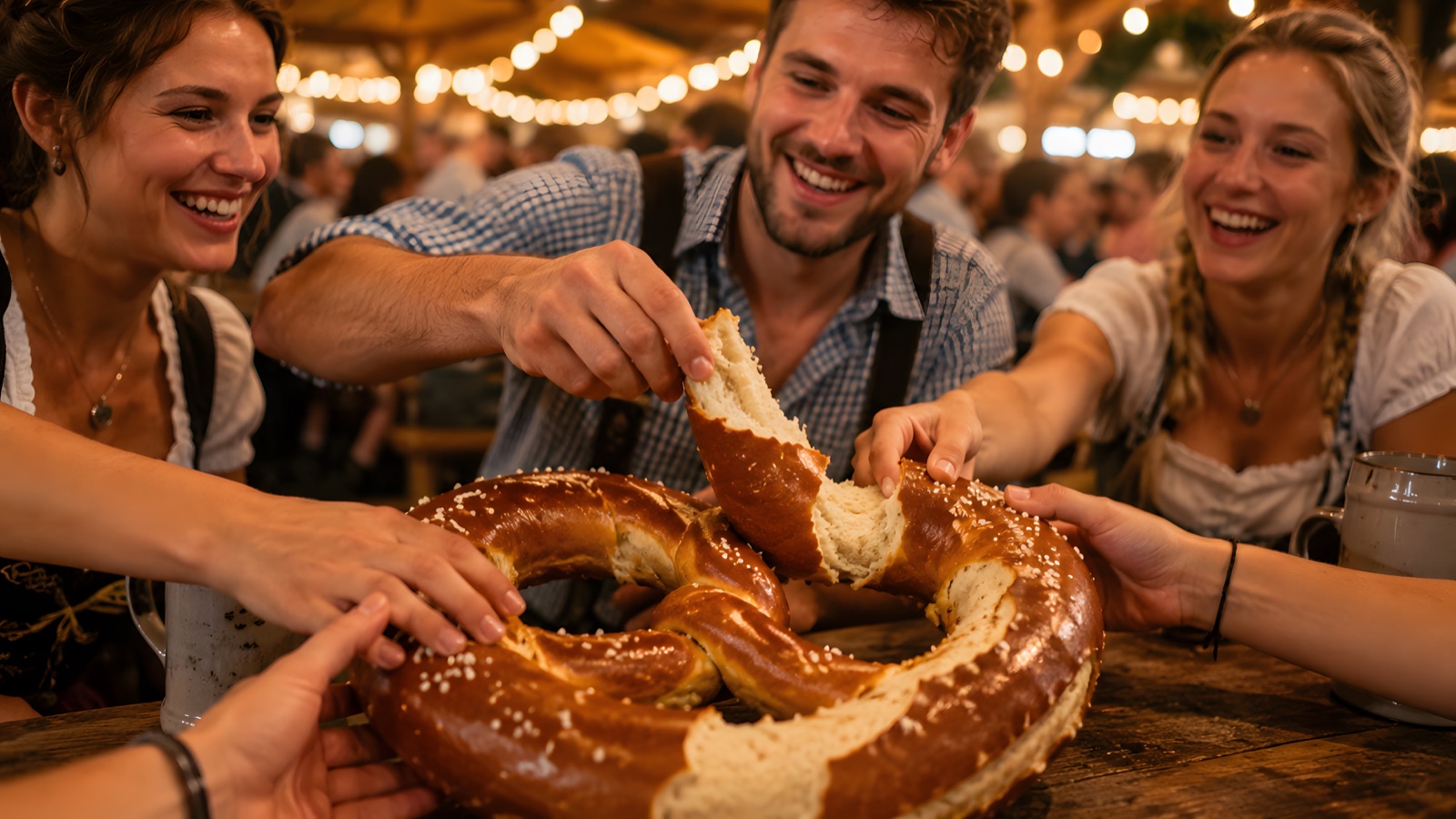 Freunde teilen lachend eine große Brezel am Tisch