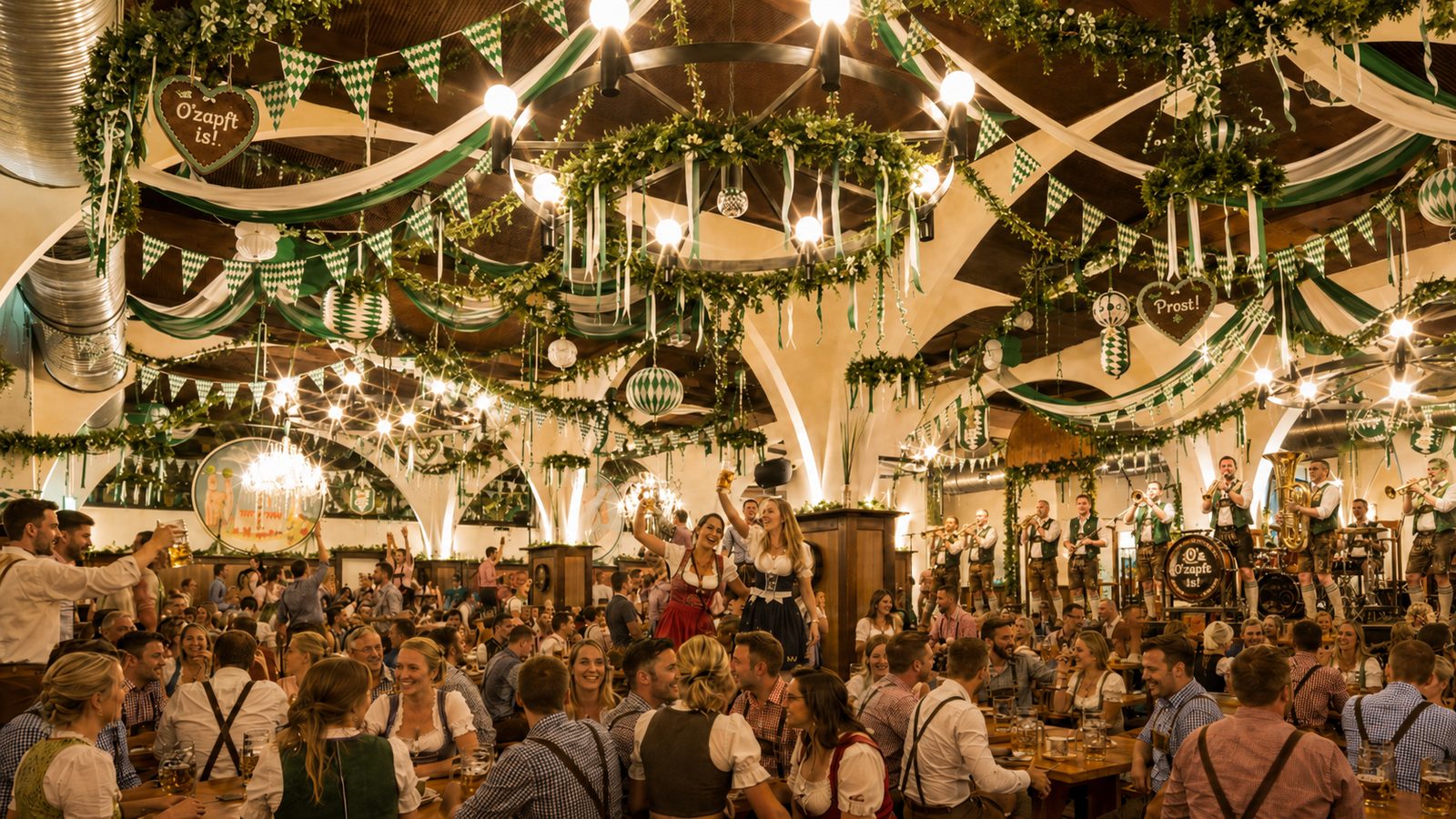 Volle Wiesn-Stimmung im Hofbräu Berlin: Gäste in Tracht, Live-Band und grün-weiße Dekoration unter den Bögen